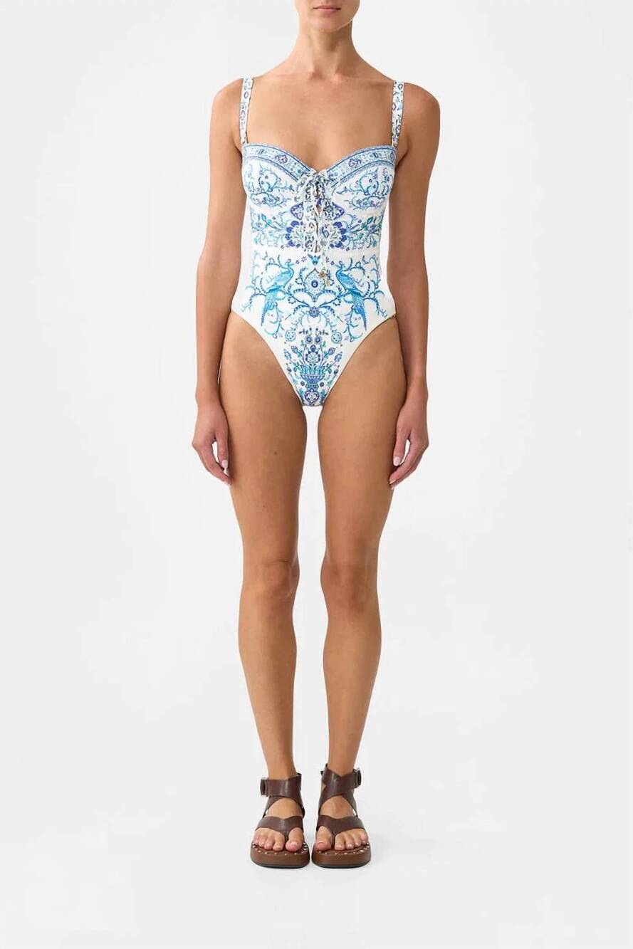 NEW CAMILLA lace-up balconette underwire one piece in isnik lullaby